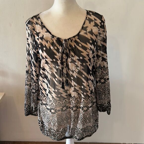 INC International Concepts black tan sheer long sleeve tie front blouse Size M - Picture 1 of 8